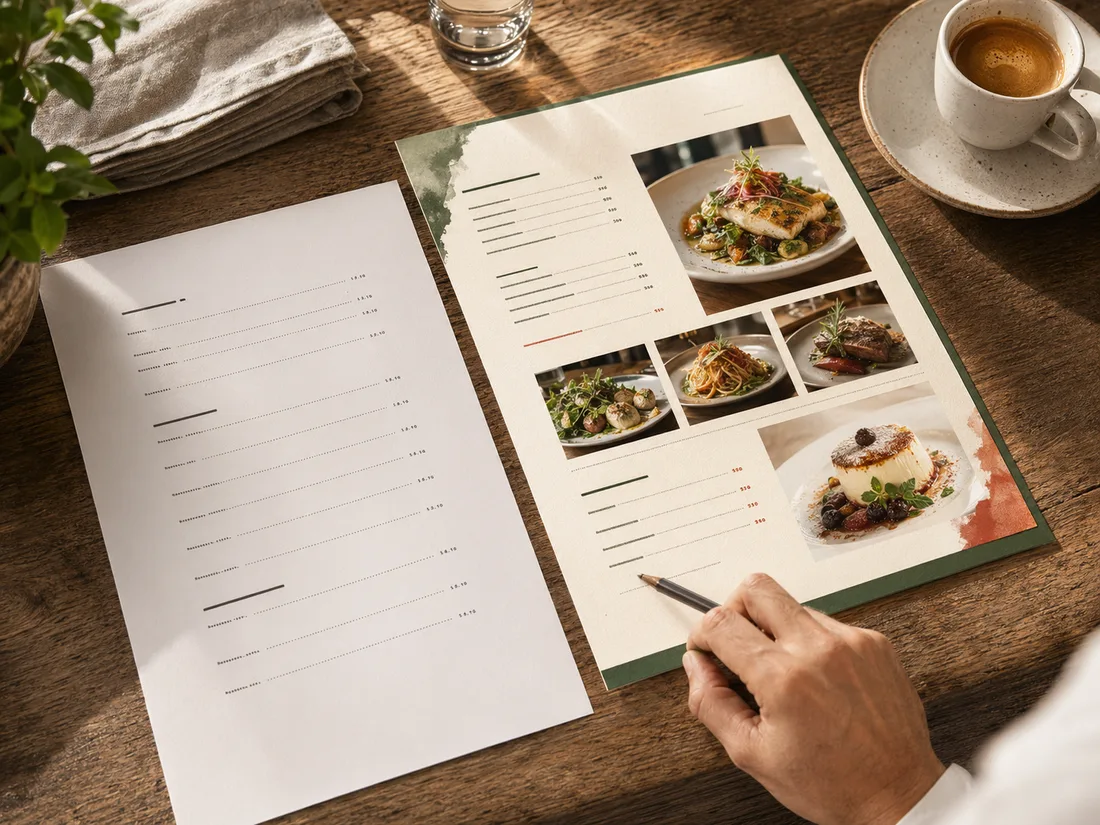 Plain restaurant menu beside a photo-rich print menu preview