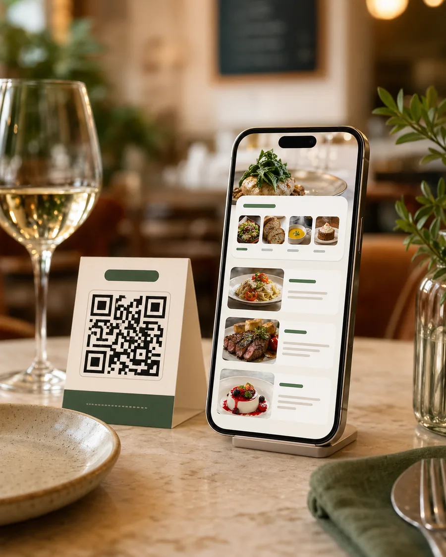 Hosted restaurant photo menu preview on a phone at a cafe table