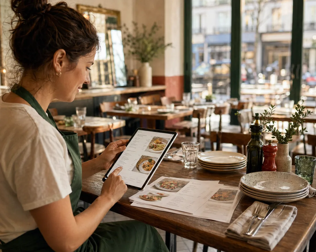 Cafe owner reviewing a print-ready restaurant menu on a tablet
